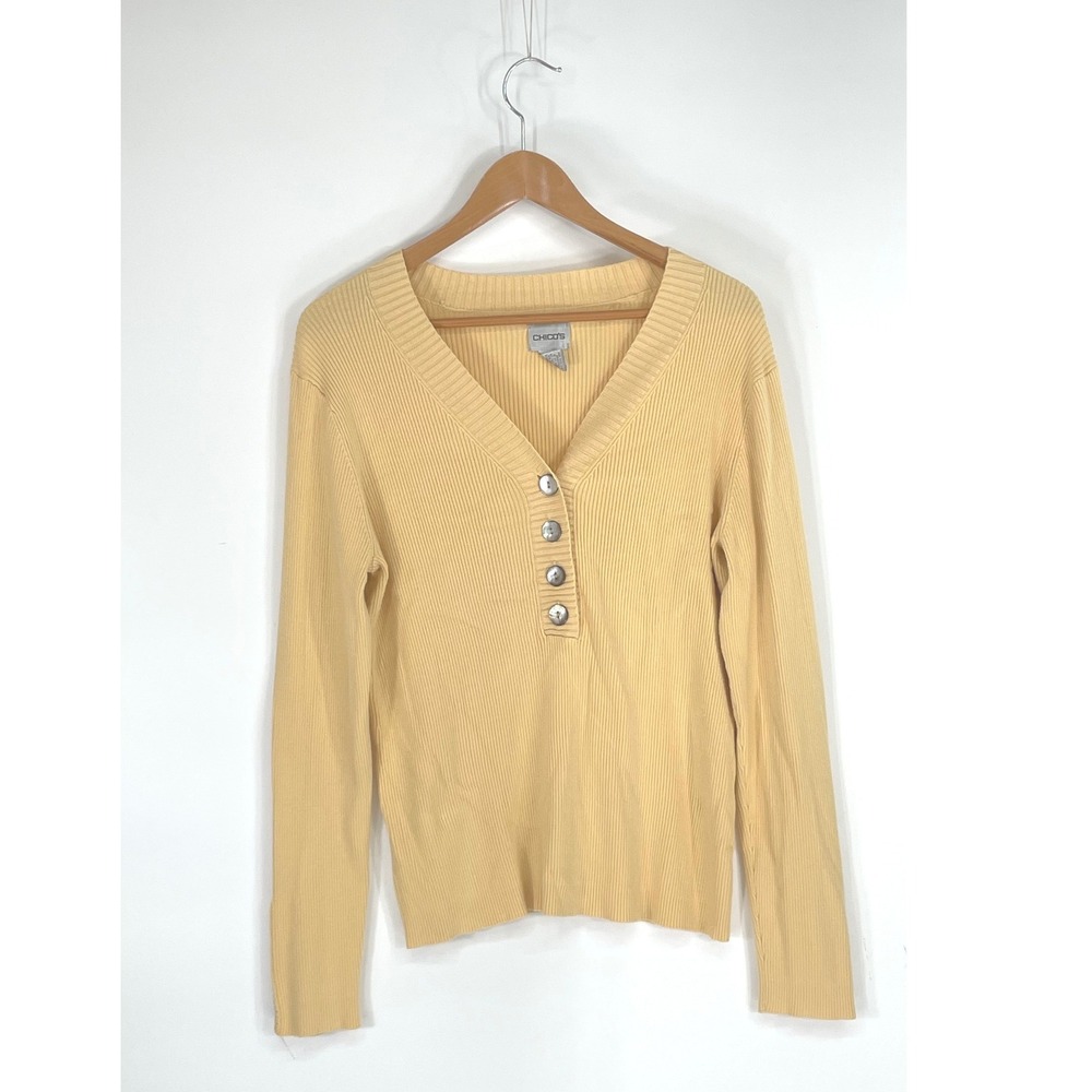 Chicos Y2K Womens Sweater Large Henley V-Neck Yellow Ribbed Knit Button Cuff